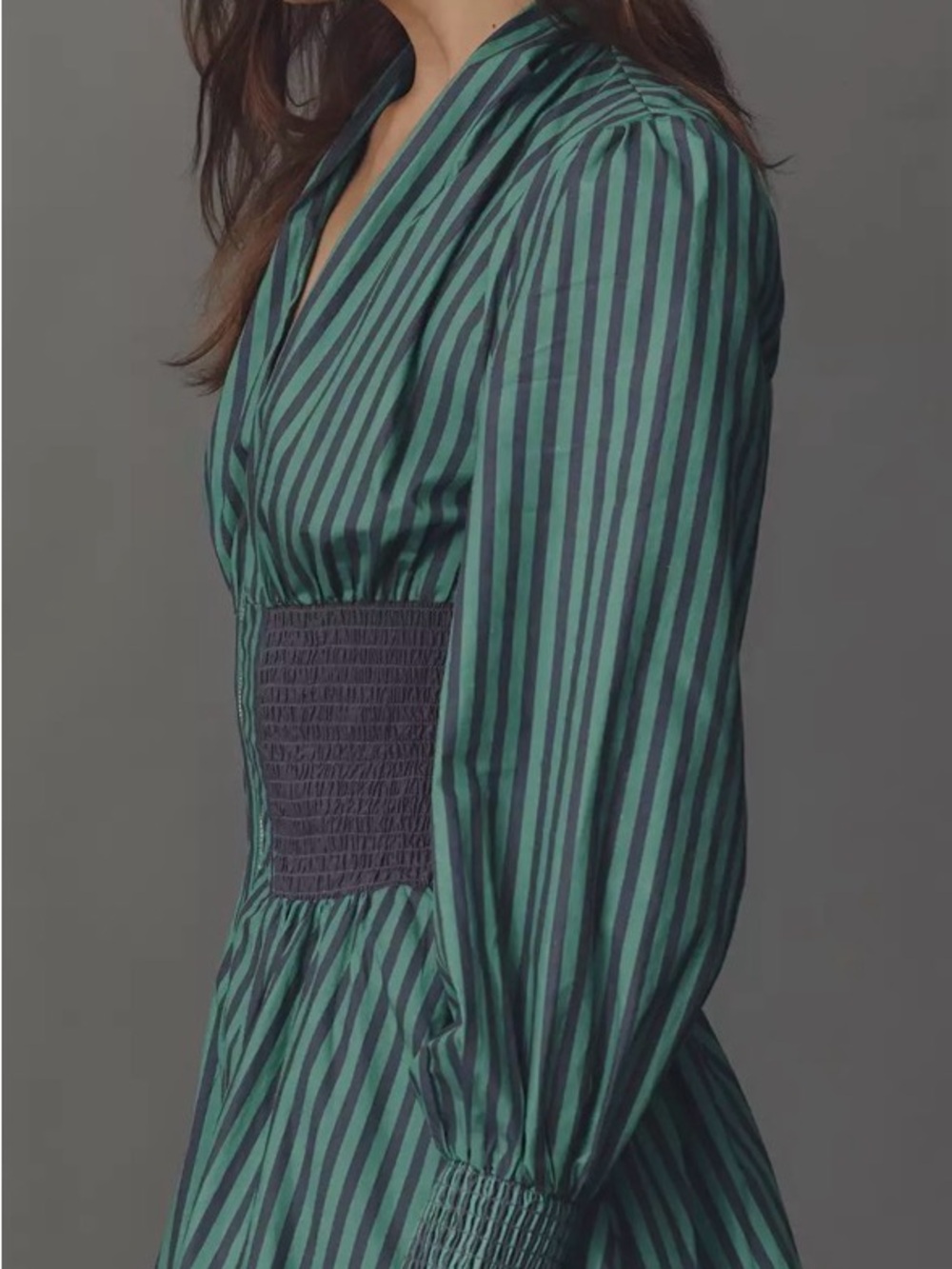 Anthropologie Tommie Green & Navy Striped Long-Sleeve Dress with Smocked Waist - Picture 5 of 6